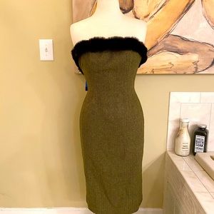 Shoshana wool tweed faux fur strapless dress sz 4
